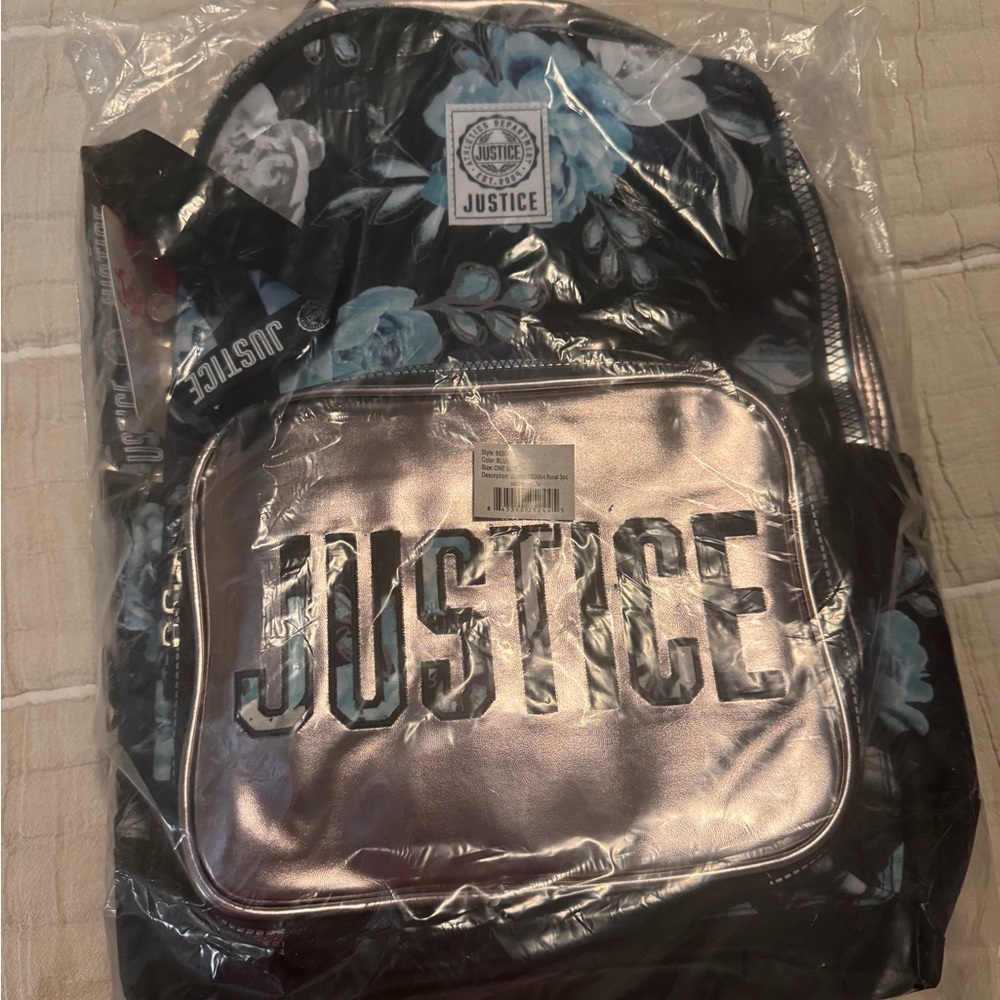Justice Floral Black Backpack with Metallic Lunch Bag